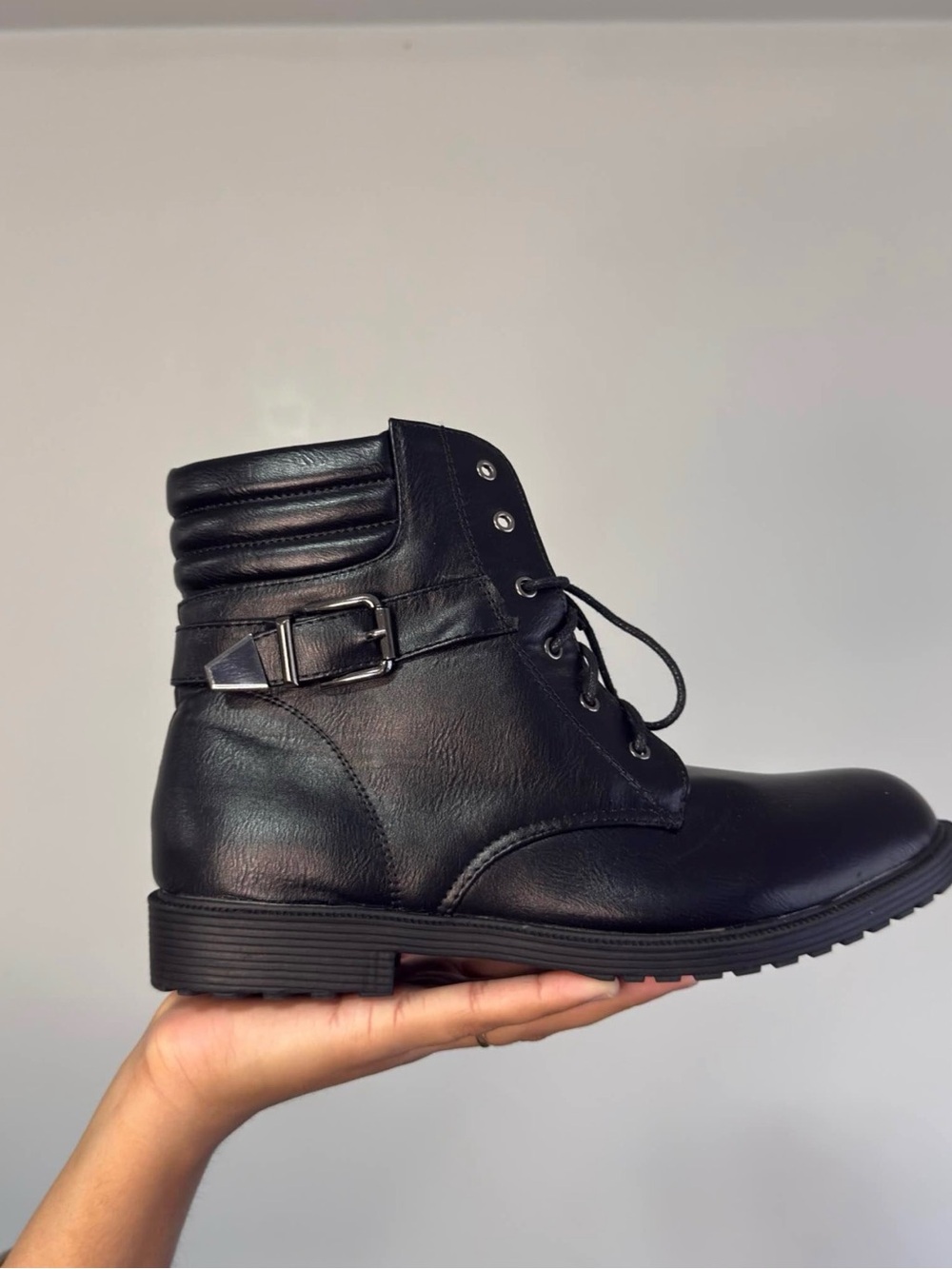 Black Lace-Up Buckle Combat Ankle Boots – EU 41